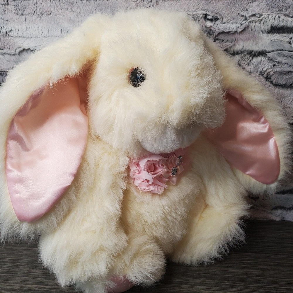 Vintage‎ 1989 Commonwealth Cream 12" Easter Bunny Rabbit Pink SATIN Ears Flower